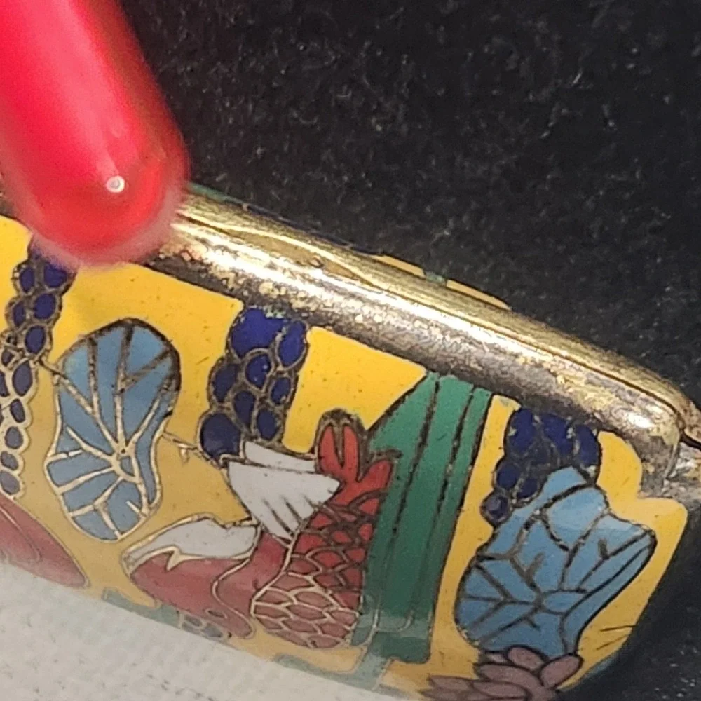 Vintage Cloisonne Locket Pendant Mandarin Duck Lotus Yellow Gold Tone - Picture 5 of 13